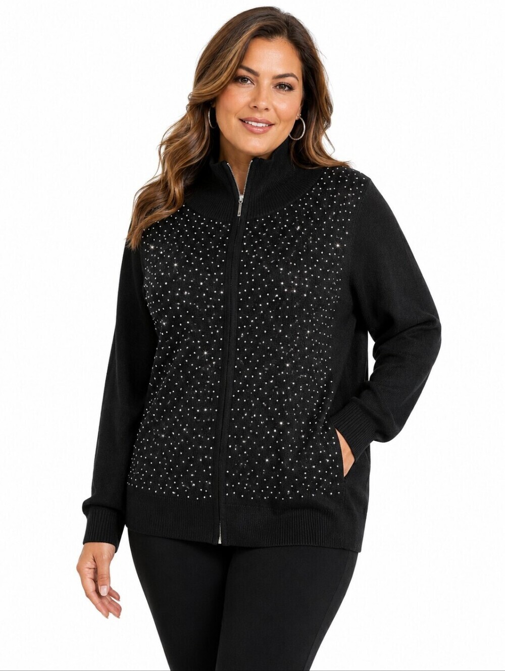 Questions Black Rhinestone Zip Mock Neck Sweater 2X Sparkle Knit Top